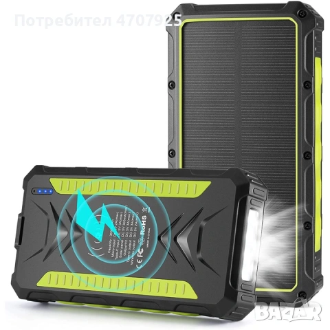 Външна батерия 36000 mAh, Solar Powerbank с Qi безжично зареждане, USB и USB C изход, със соларен па, снимка 4 - Безжични зарядни - 53387779