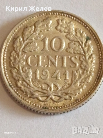 Сребърна монета 10 цента 1941г. Нидерландия Кралица Вилхелмина за КОЛЕКЦИЯ 44754