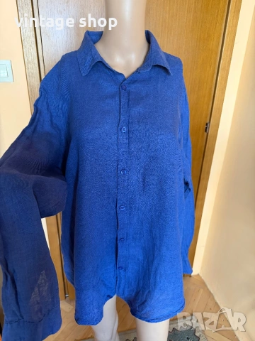 Тъмносиня ленена мъжка риза Richmond, размер , снимка 2 - Ризи - 54126686