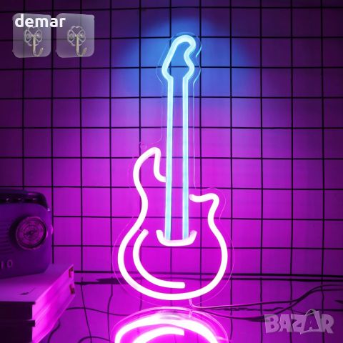 CooPark Неонов знак - китара, LED, USB захранван с димиране, (синьо+розово червено), снимка 1 - Декорация за дома - 46378716