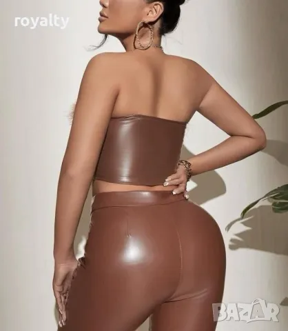 Дамско кожено кафяво бюстие с пух, снимка 2 - Комплекти - 49920220