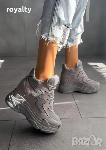 Кецове на платформа - сив велур и мрежа