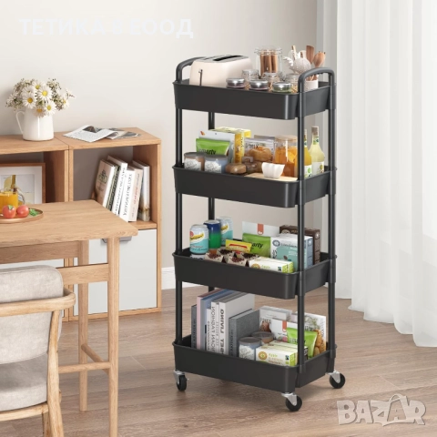 Количка с колела, 4 рафта, 39 x 29 x 104 см, пластмаса/метал, черна, снимка 7 - Етажерки - 52317825