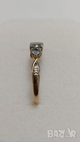златен пръстен с диаманти и аквамарини, снимка 3 - Пръстени - 45784964