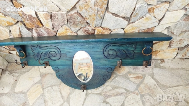 Красива старинна, антикварна, дървена закачалка с рафт, огледало и дърворезба , снимка 6 - Закачалки - 52041454