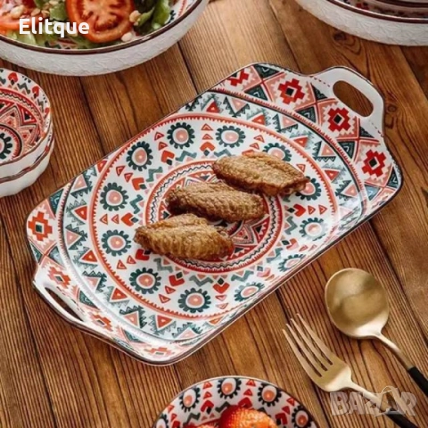 Керамична правоъгълна чиния плато с дръжки