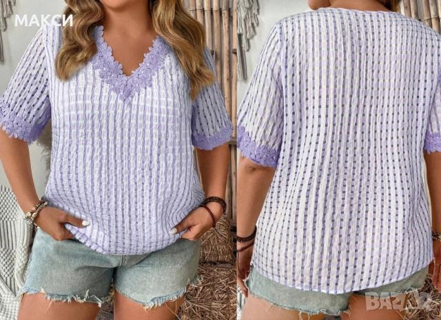 Красива ефирна блуза с приказна дантела в многоцветен лилаво-люляков десен