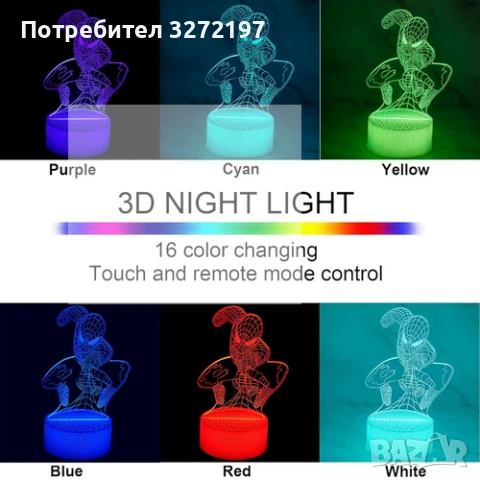 Холограмна 3D LED лампа Spider Man-дистанционно управление 16 цвята+други режими на управление, снимка 4 - Настолни лампи - 50487507