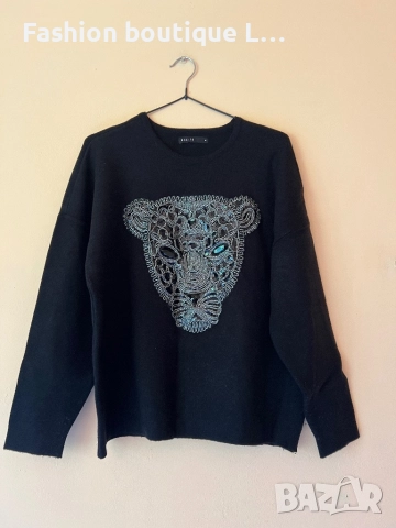 Дамска черна блуза с нашивка тигър и пайети М размер на марката MOHITO 🖤🖤🖤