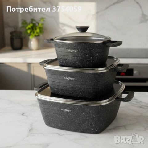 Комплект тенджери – Cheffinger от 3 части с мраморно покритие и капаци + подарък 2 ръкавици, снимка 3 - Съдове за готвене - 53124072
