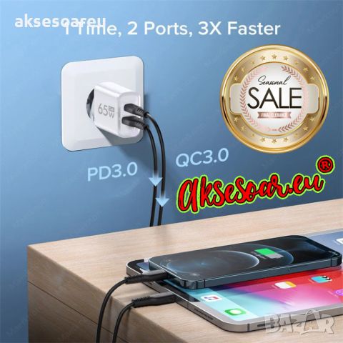 Бързо GaN USB Type C зарядно Quick Charge 3.0 65W PD за iPhone Huawei Xiaomi Samsung EU Plug захранв, снимка 8 - Резервни части за телефони - 46293554