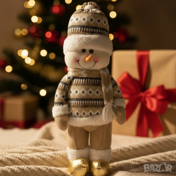 Коледна играчка Снежен човек с плетен костюм и златни ботушки, снимка 1