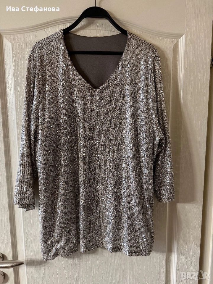 Парти блестяща официална коктейлна блуза туника  златни сребърни пайети, снимка 1