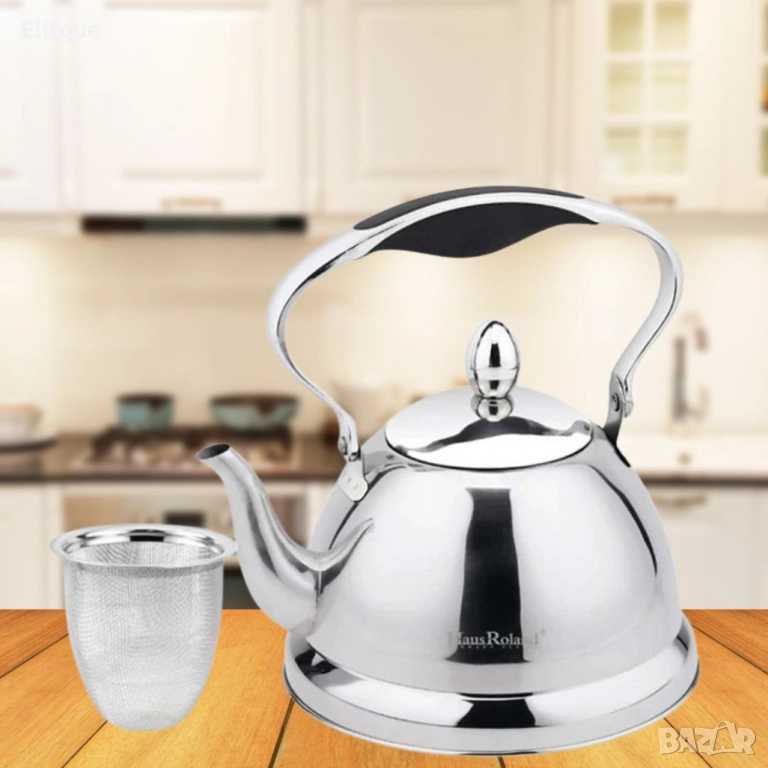 Луксозен чайник за чай с цедка, висококачесвен инокс, 1L, снимка 1