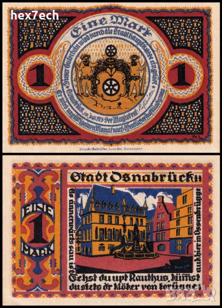 ❤️ ⭐ Notgeld Osnabrück 1921 1 марка UNC нова ⭐ ❤️, снимка 1