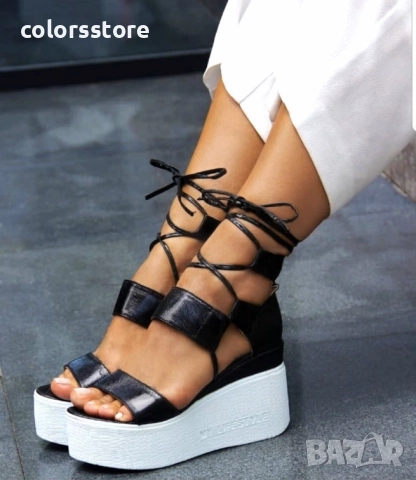 Сандали на платформа - черна кожа с бяло ходило - 307 