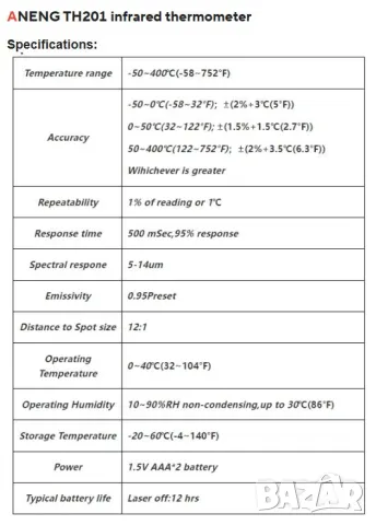 Моментален Цифров Професионален Безконтактен Инфрачервен Термометър с Лазерно Насочване -50°C~400°C, снимка 3 - Други инструменти - 48101331