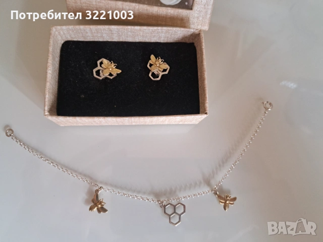 Комплект сребърна гривна и обеци пчели, снимка 4 - Гривни - 54219036