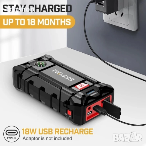 Нов перфектен BRPOM BM3000 Автомобилен стартер, 5000A пик 26800mAh (до 10 л бензинов или 8.0 л дизел, снимка 3 - Аксесоари и консумативи - 51597963