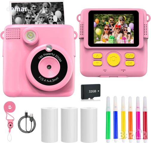 LuSeren 1080P HD Детски цифров фотоапарат с фотохартия, 6 цветни химикалки 32GB SD карта, розов