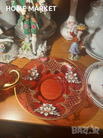 EGERMANN BOHEMIAN RUBY RED CRYSTAL Cup and Saucer - невероятно красив и стилен двоен сет , снимка 9 - Антикварни и старинни предмети - 52638785