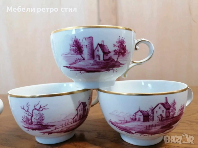 Ръчно рисуван порцеланов сервиз за кафе Purpur Camaieu. , снимка 6 - Сервизи - 53834361