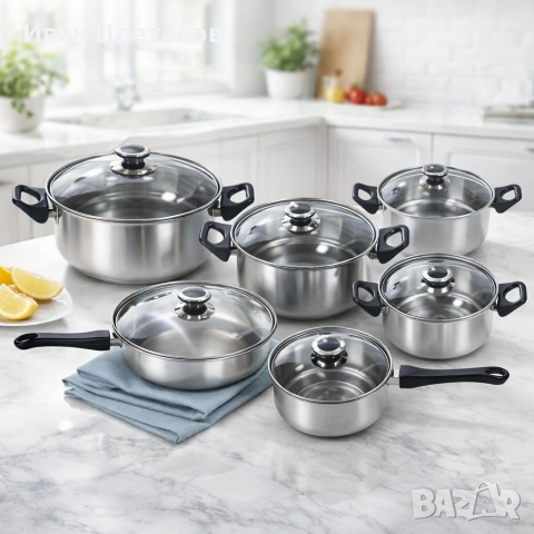 Комплект готварски съдове от инокс 12 части: 5 тенджери, тиган и стъклени капаци (16-24 см)