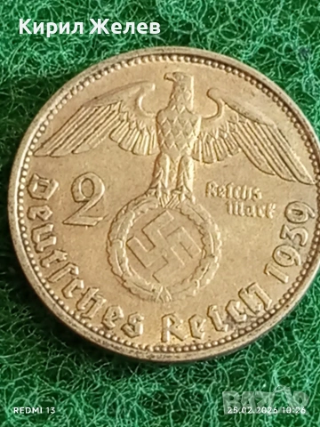 Сребърна монета 2 райхсмарки 1939г. Германия Трети Райх с Свастика за КОЛЕКЦИЯ 52615, снимка 2 - Нумизматика и бонистика - 53615031