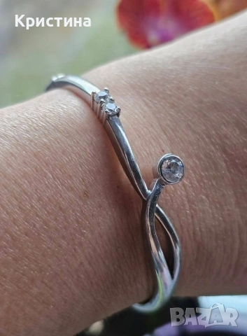 Твърда сребърна гривна с циркони, снимка 2 - Гривни - 53138867