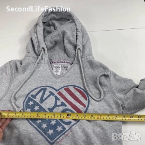 Дамски суитшърт Tommy Hilfiger с качулка и американско знаме, размер XS, сив, снимка 3 - Суичъри - 52505620