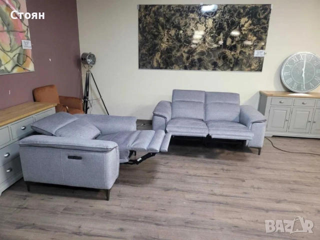 Сив комплект от плат двойка и фотьойл с електрически релакс механизъм, снимка 11 - Дивани и мека мебел - 51955845