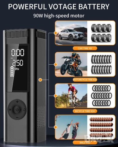 Преносим Компресор за Гуми, Цифрова Интелигентна Помпа с Бързо Зареждане, снимка 3 - Аксесоари и консумативи - 52436352