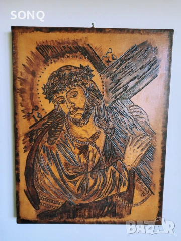 Икона На Исус Христос С Трънен Венец Пирография Върху Дърво