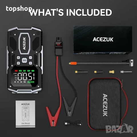 НОВА ACEZUK Стартерна батерия с пикова мощност 26800 mAh 6000 A, компресор 150 PSI, 4-в-1 с дисплей, снимка 8 - Аксесоари и консумативи - 50553831