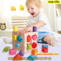 Детски дървен куб с отвори и геометрични фигури - КОД 3582, снимка 3 - Образователни игри - 45053295