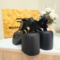Нови черни дамски кожени сандали Riccardo Farini 38 естествена кожа платформа дебел ток, снимка 3 - Сандали - 46111975
