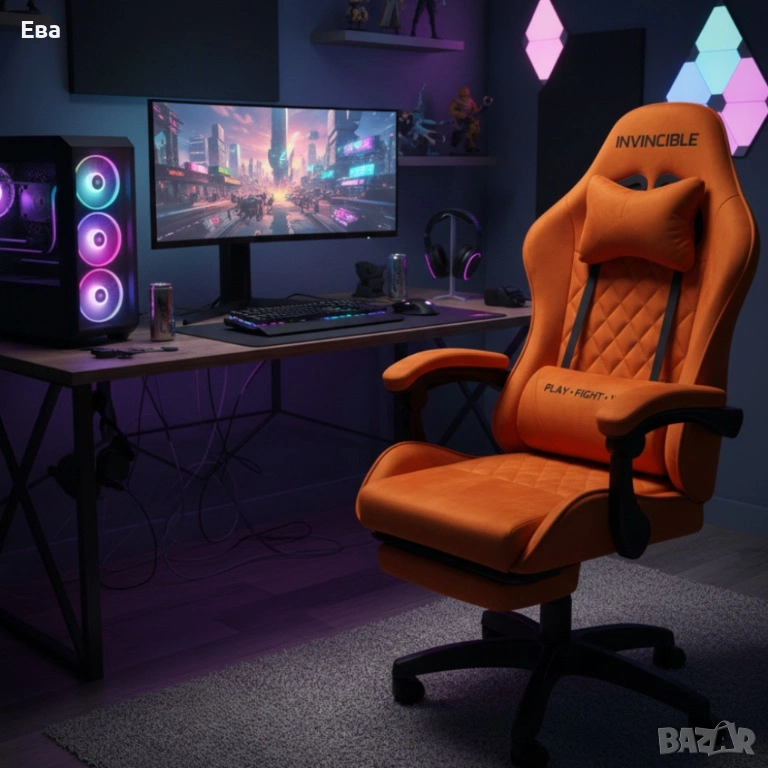 Оранжев велурен геймърски стол с поставка за крака - ергономичен, метална рамка, снимка 1