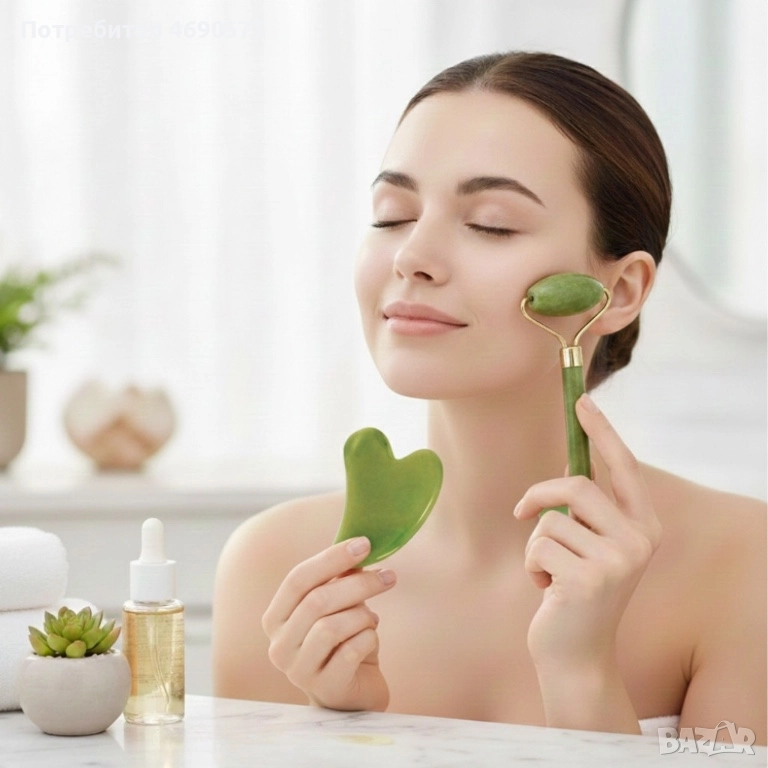 Нефритен масажор за лице с 2 ролки, в комплект с плосък нефритен камък , снимка 1