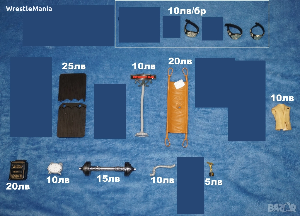 WWE Аксесоари за Кеч Фигури Малки Титли/Дрехи/Пътнически Куфар/Маса/Часовник/Щанга/Тръба, снимка 1