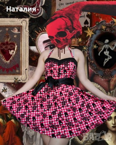 Ретро червена рокля с черепи, снимка 2 - Рокли - 52070768