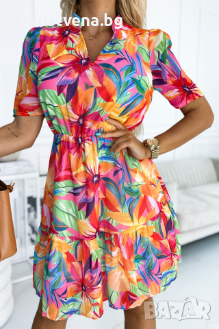 Дамска къса цветна рокля с флорален мотив, снимка 1 - Рокли - 45034458