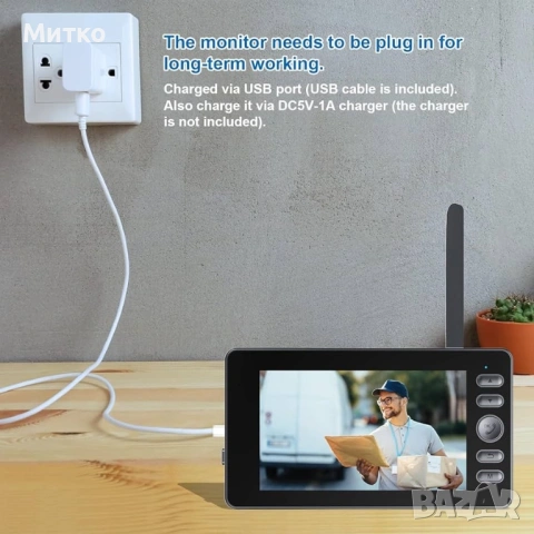 Безжичен видео звънец без абонамент, двупосочен домофон, водоустойчивост IPX65, екран 4.3”, ъгъл на , снимка 6 - Други - 53840504