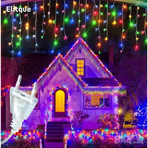 Коледна украса LED ресни 12 метра – водоустойчива инсталация с 8 режима на светене