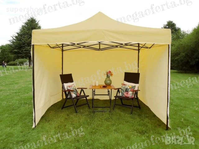Сгъваема Шатра 3х3 с Три Страници в Кремав Цвят и Усилена Конструкция, снимка 4 - Градински мебели, декорация  - 54000698
