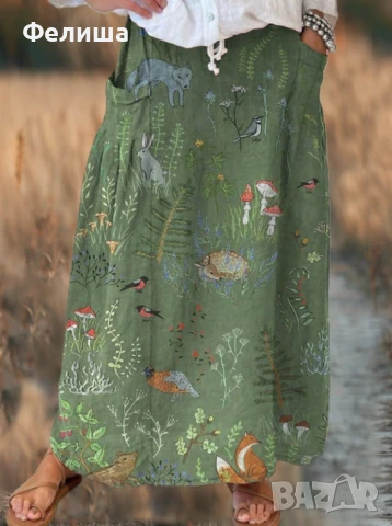 Пленително Касива Дълга Пола - Приказен Горски Свят с Червени Гъби и Животинки, снимка 4 - Поли - 50492317