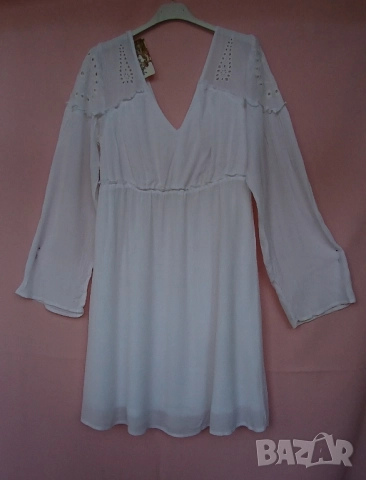 Дамска кенарена рокля с дълъг ръкав и остро деколте с бродерия., снимка 6 - Рокли - 51507220