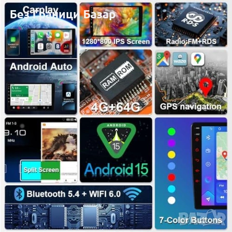 Нова Android 15 мултимедия 1DIN CarPlay Ducato 9" 4+64GB GPS за кола, снимка 3 - Друга електроника - 53155192