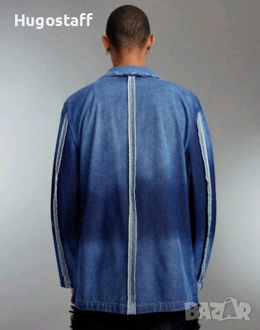 Ново мъжко дънково сако блейзър яке изтъркан ефект синьо деним памук ХЛ, снимка 2 - Сака - 53856487