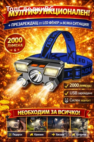 Мощен LED челник 2000LM – презареждаем, 5 режима, с широк лъч (230°) 