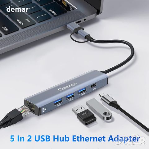 5 в 2 USB хъб Ethernet 1000M, с 3 *USB 3.0 и USB-C порта, снимка 4 - Кабели и адаптери - 45221651
